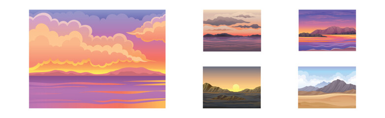 Fototapeta na wymiar Sunrise and Sunset Landscapes with Horizon and Beautiful Sky Vector Set