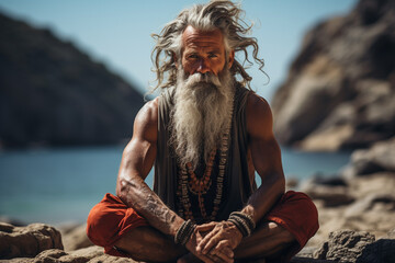 Senior yoga guru man with white beard and tattoo sitting in meditating, mindful living and healthy wellbeing concept. AI generative