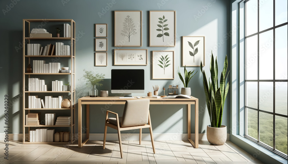 Wall mural Serene home office with a wooden desk, botanical prints, and a window illuminating a snake plant.