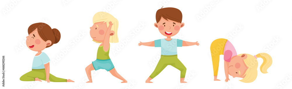Poster kid characters doing yoga standing in different asana vector set
