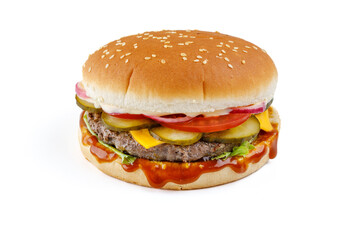 hamburger like in McDonald's with a beef cutlet on a white background, studio shooting 1