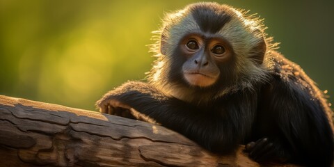 Naklejka premium Black Baby Monkey Resting Gracefully Atop a Wooden Log in the Heart of the Lush Jungle, Capturing the Charm of Wildlife in Its Youngest Form