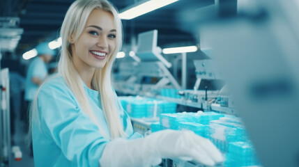 Blonde Woman Smiles in Factory Setting with Blue Aesthetic