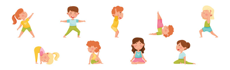 Kid Characters Doing Yoga Standing in Different Asana Vector Set