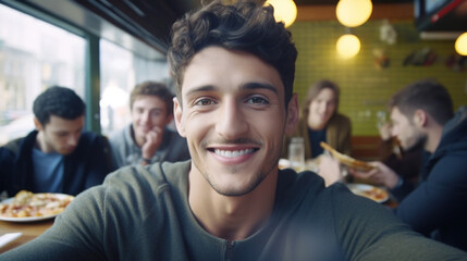 Obraz na płótnie Canvas Young Man Smiles at Restaurant Table