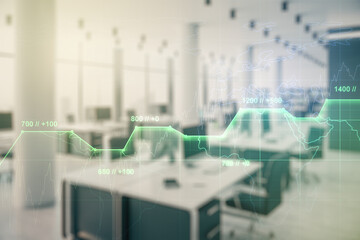 Multi exposure of creative statistics data hologram on modern corporate office background, stats and analytics concept