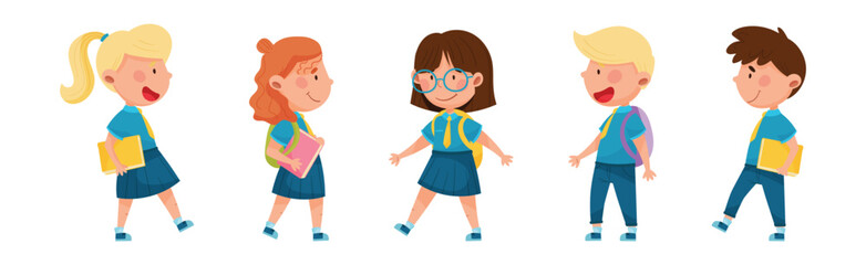 Cute Schoolkid Characters in Blue Uniform Going to School Vector Set