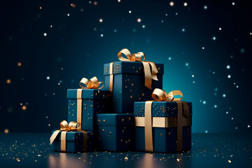 Christmas present gift boxes on a dark blue background. 