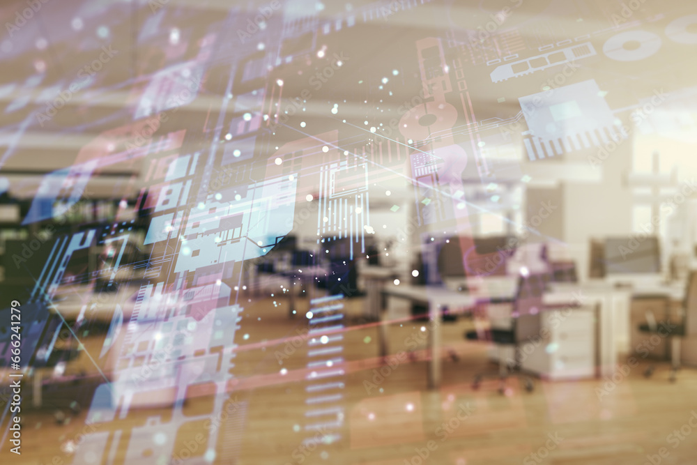 Poster multi exposure of abstract software development hologram on modern corporate office background, rese