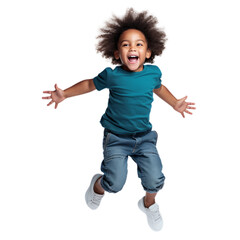 Young African American Child Celebrating: Full-Length Studio Portrait of a Joyful Kid Jumping and Laughing, Isolated in Transparent PNG Against a White Background - obrazy, fototapety, plakaty