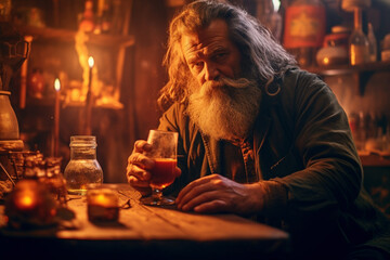 Photo of aged beard sad man drinking alcohol alone, sitting on a old unkempt house. AI Generative - obrazy, fototapety, plakaty