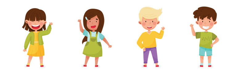 Obraz premium Children Character Greeting Waving Hand and Smiling Vector Set