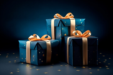 Christmas present gift boxes on a dark blue background. 