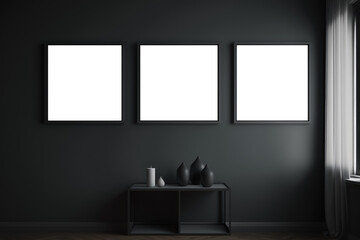 Wall art mockup. Three white canvas with black borders. Dark wall. Empty mockup frame
