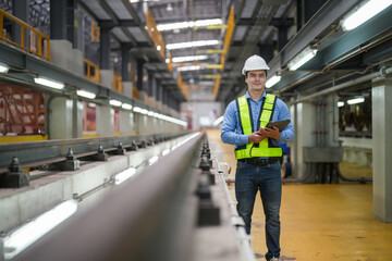 Portrait of apprentice under train in railway engineering facility - obrazy, fototapety, plakaty