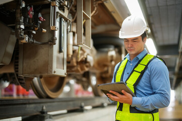 Engineers inspecting locomotive in railway engineering facility