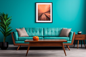 Wooden coffee table near turquoise sofa against wall modern living room designed in a midcentury