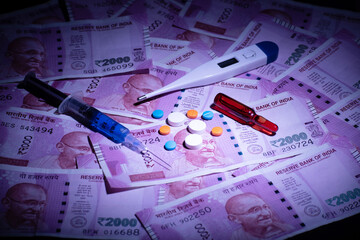 Medicine and injection with indian currency note, pharmacy business concept