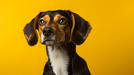 A beagle standing proudly on a solid yellow background, AI