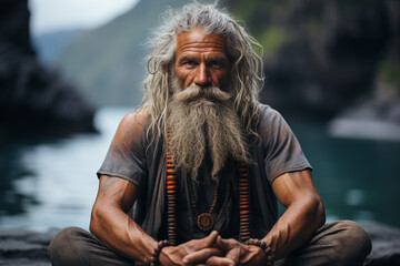 Senior yoga guru man with white beard and tattoo sitting in meditating, mindful living and healthy wellbeing concept. AI generative - obrazy, fototapety, plakaty