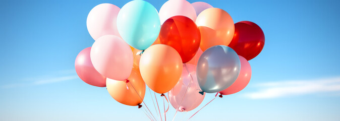 Colorful balloons in the blue sky background. Festive banner with balloons in air. Balloons Around the World Day. happiness concept, positive emotions.