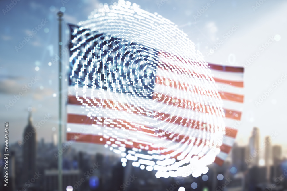 Poster multi exposure of virtual abstract fingerprint illustration on usa flag and blurry cityscape backgro