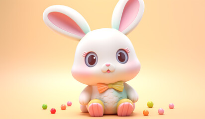 Obraz premium Funny easter card with rabbit and eggs for illustrations for children or other uses. Easter time. AI generated