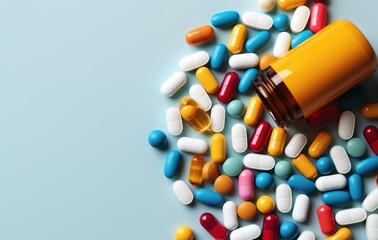 Pills spilling out of pill bottle on blue background. Top view with copy space. The pills spilled out of the bottle. Medical Concept. Background with copy space. Healthcare. 