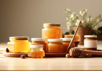 Honey and beeswax products on display for sale. Healthy food concept. AI generated - obrazy, fototapety, plakaty