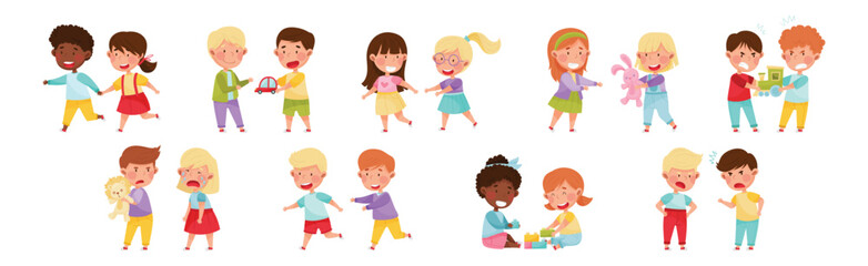 Friendly and Hostile Kids Playing Together Vector Illustration Set