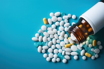 Pills spilling out of pill bottle on blue background with copy space. The pills spilled out of the bottle. Medical Concept. Background with copy space. Healthcare. 