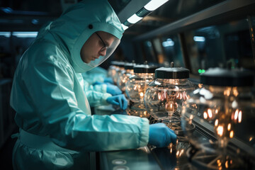 Biotechnicians conducting experiments in a sterile cleanroom to ensure accuracy and safety. Concept of laboratory safety and scientific rigor. Generative Ai. - obrazy, fototapety, plakaty
