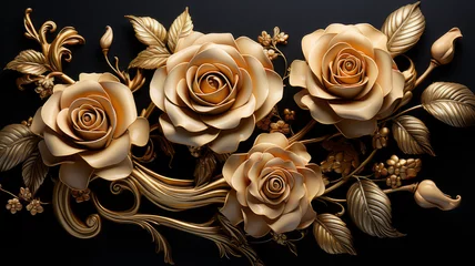 Selbstklebende Fototapeten Romantic 3D Golden Roses on Dark Black Background with Depth © jesica