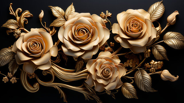 Romantic 3D Golden Roses on Dark Black Background with Depth