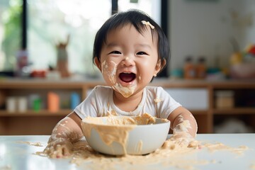 Cute little baby girl with a candid expression smiling at the camera with her face covered in porridge - obrazy, fototapety, plakaty