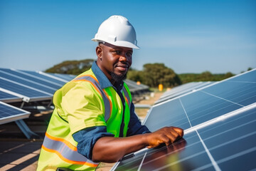 African American technician checks the maintenance of the solar panels. Processional solar panel technician checks for any issues. - obrazy, fototapety, plakaty
