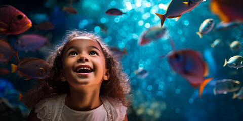 Fototapeta na wymiar Kind bestaunt die Fische im Aquarium