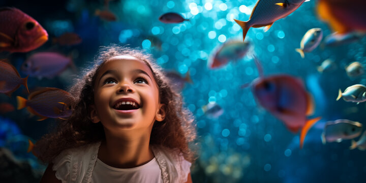 Kind bestaunt die Fische im Aquarium