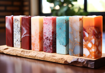 Bars of natural handmade soap with abstract patterns. Spa organic product. Modern crafts. AI generated