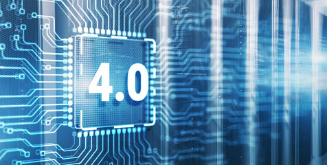 Smart industry 4.0. Inscription on 3d Electronic Circuit Board Chip