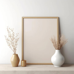 Blank wall art mockup. One vertical canvas with brown border