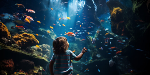 Kind bestaunt die Fische im Aquarium - obrazy, fototapety, plakaty