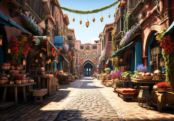 Fototapeta na wymiar Streets of Marrakech with shops and traditional crafts to welcome tourists with Moroccan culture. AI generated