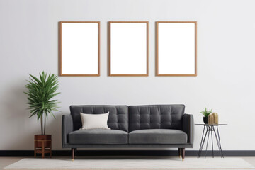 Wall art mockup. Three canvas with black wooden borders. Living room