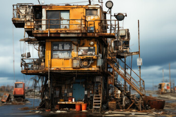An abandoned, structurally unsound building on the verge of collapse, highlighting the risk of urban decay. Concept of building safety. Generative Ai.