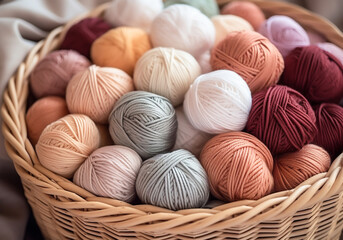 Obraz premium Balls of wool in pastel colors, in a basket, for making warm clothes and warm accessories. Winter time. AI generated