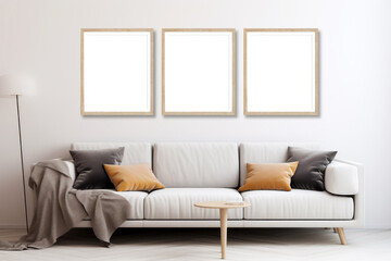 Wall art mockup. Three canvas with wooden borders. Living room with white wall