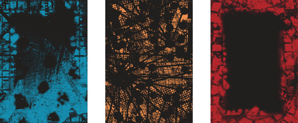 Distressed grungy isolated layers . Design element for brochure, social media, posters, flyers. Overlay grunge texture.Textured banner with Distress effect .Vector halftone dots . Screen print texture
