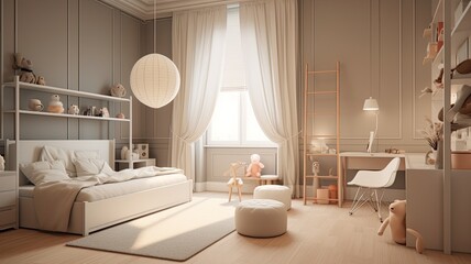 an architecturally designed children's room with a minimalist aesthetic, featuring a soothing color scheme.
