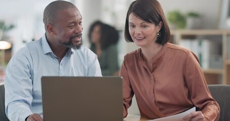 Business people, clients and computer in meeting, consulting and office advice on financial investment, loan or budget. Professional accounting advisor or woman talking of online benefits on a laptop